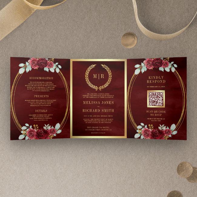 Burgundy Red Roses All In One Qr Code Wedding Tri-fold