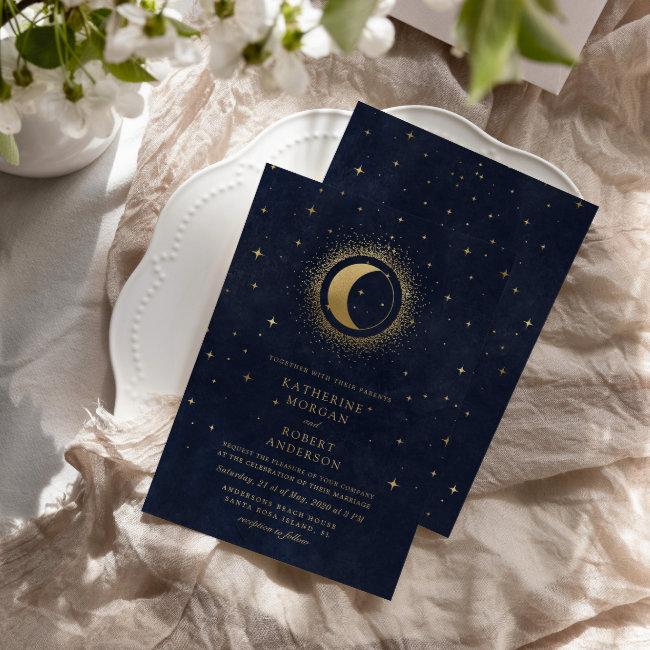 Celestial Midnight Blue Stars Moon Wedding