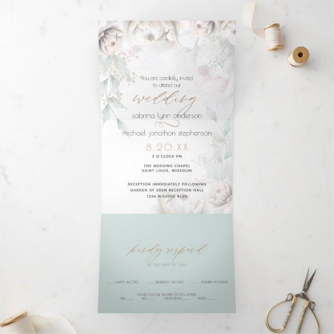 Chic Blush Coral White Peonies All In One Wedding Tri-fold