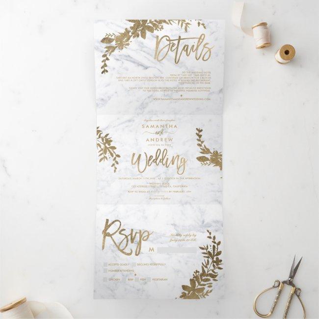 Chic Gold Floral White Marble Chic Script Wedding Tri-fold