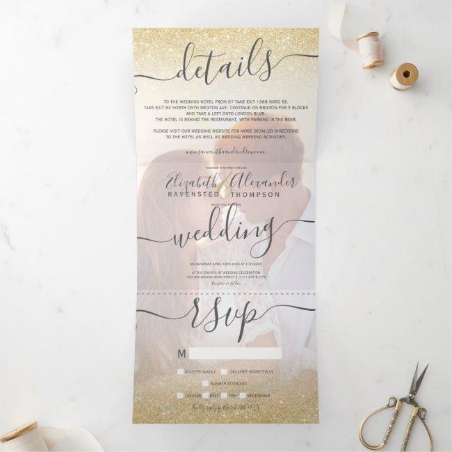 Chic Gold Glitter Ombre White Script Photo Wedding Tri-fold