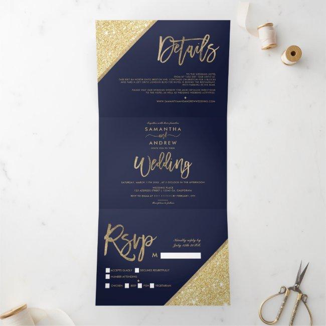 Chic Gold Glitter Typography Navy Blue Wedding Tri-fold