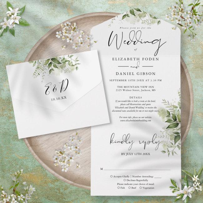 Chic Script Greenery Floral Details Rsvp Wedding All In One