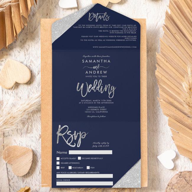 Chic Silver Glitter Typography Navy Blue Wedding All In One