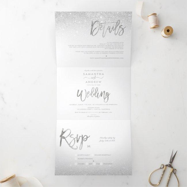 Chic Silver Glitter Typography Ombre White Wedding Tri-fold