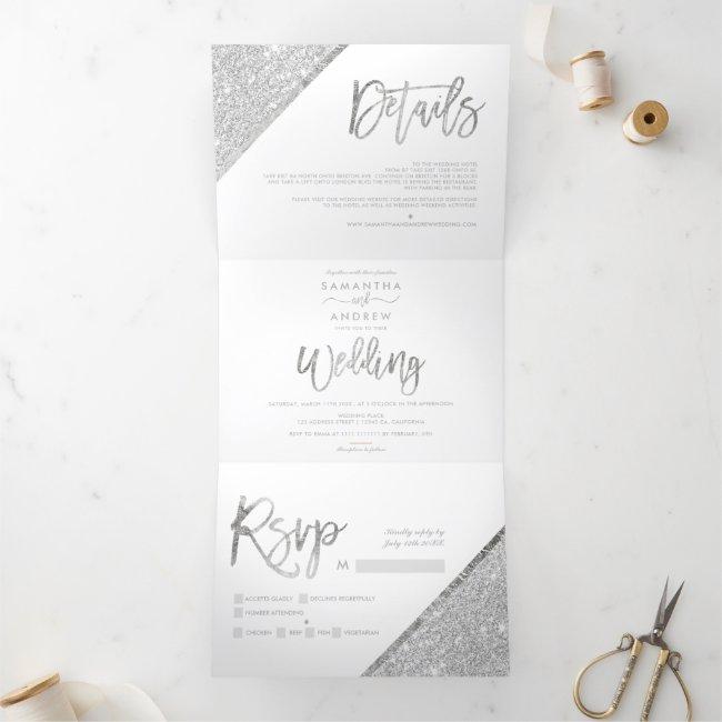 Chic Silver Glitter Typography White Wedding Tri-fold