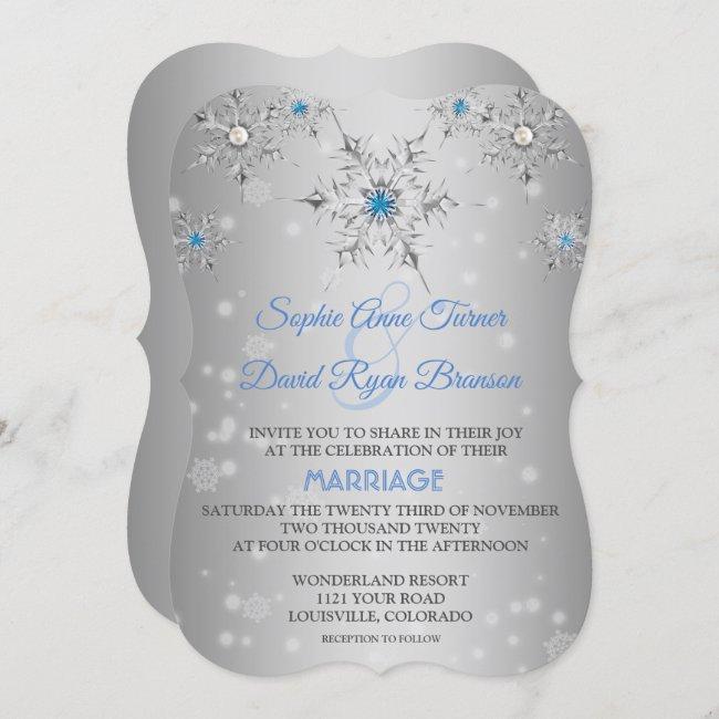 Chic Silver Snowflakes Crystal Blue Pearls Wedding