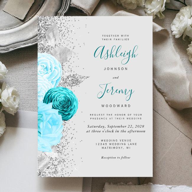 Chic Turquoise Floral Silver Glitter Gray Wedding