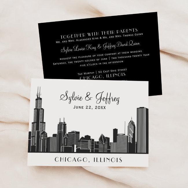 Chicago City Skyline Wedding Black And White