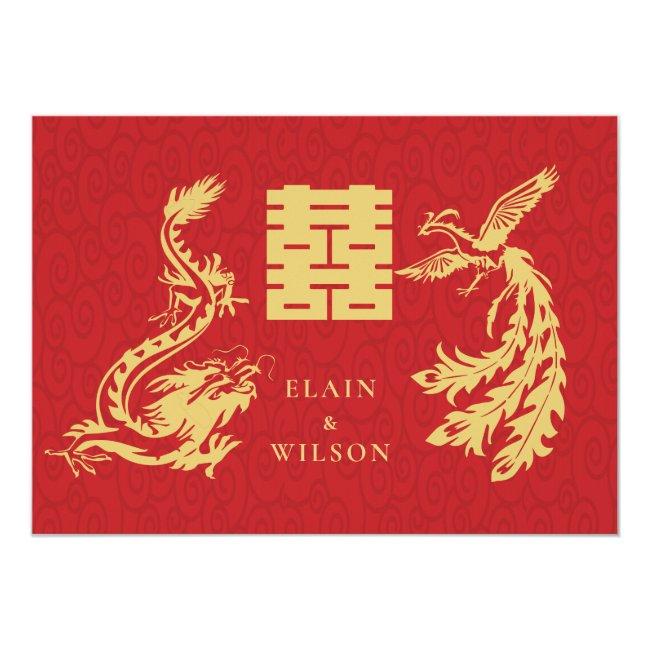 Chinese Wedding Dragon-phoenix Double Xi Red Gold