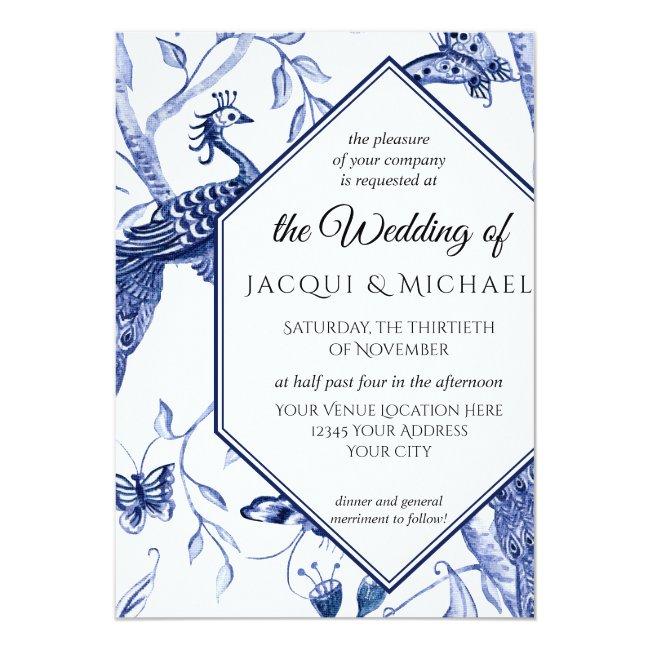 Chinoiserie Navy Blue Peacock Butterfly Wedding