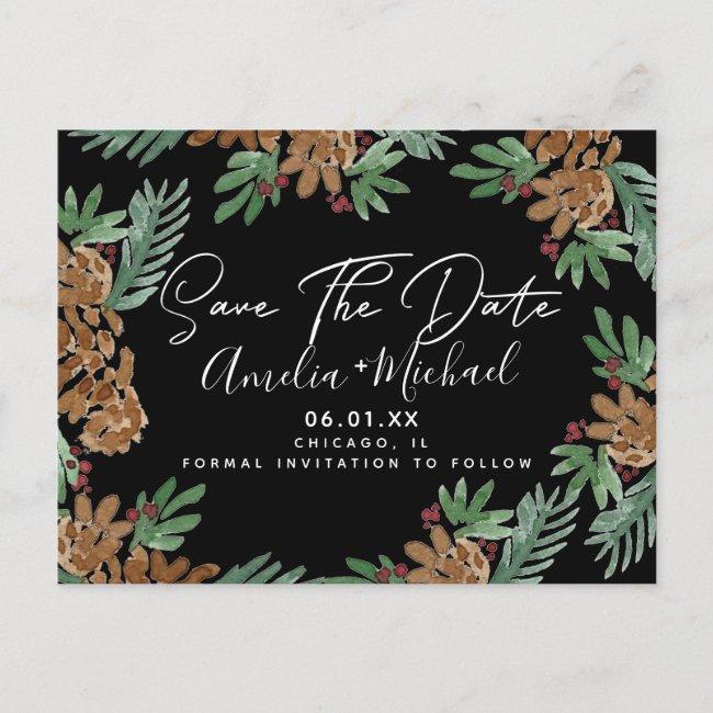 Christmas Watercolor Pinecones Black Save The Date Post