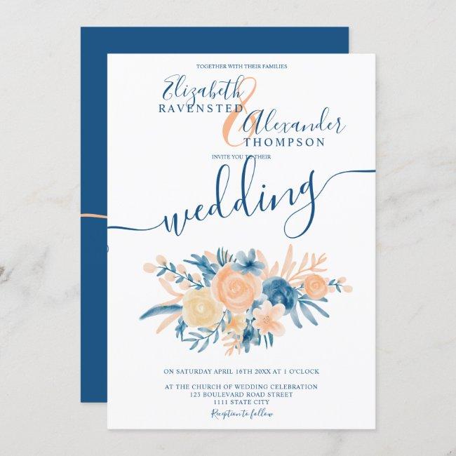 Classic Floral Watercolor Navy Blue Peach Wedding
