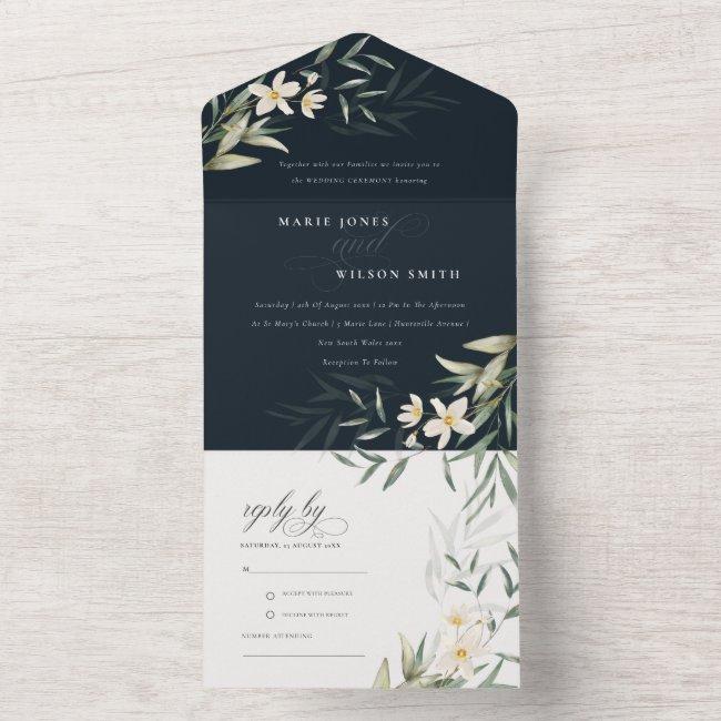 Classy Dark Navy White Greenery Floral Wedding All In One