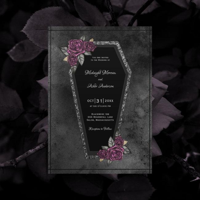 Coffin Black Grey Roses Sparkle Halloween Wedding