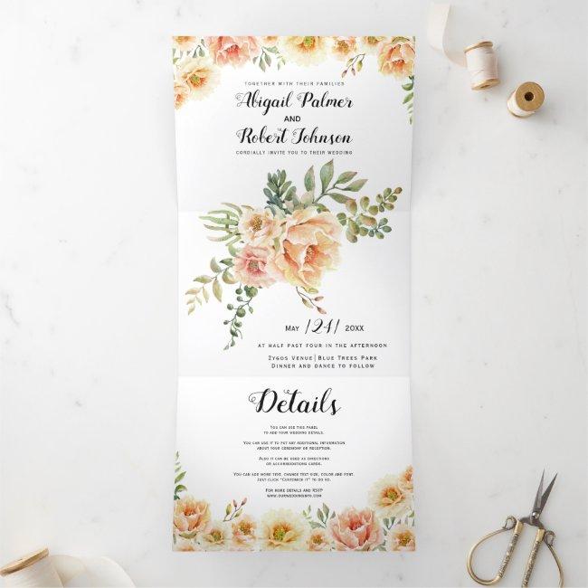 Coral And Peach Watercolor Flowers Wedding Tri-fold