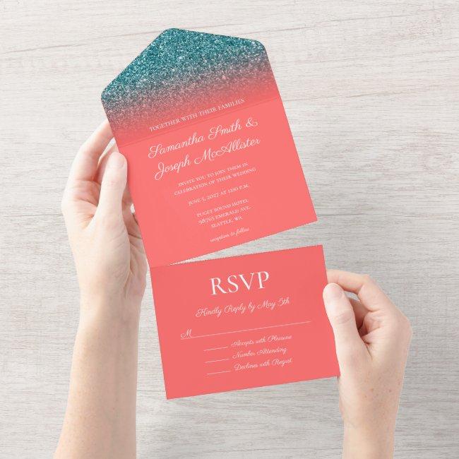 Coral And Teal Ombre Glitter Wedding All In One