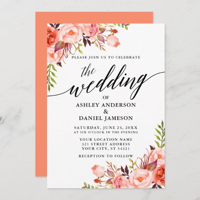 Coral Floral Modern Calligraphy Wedding