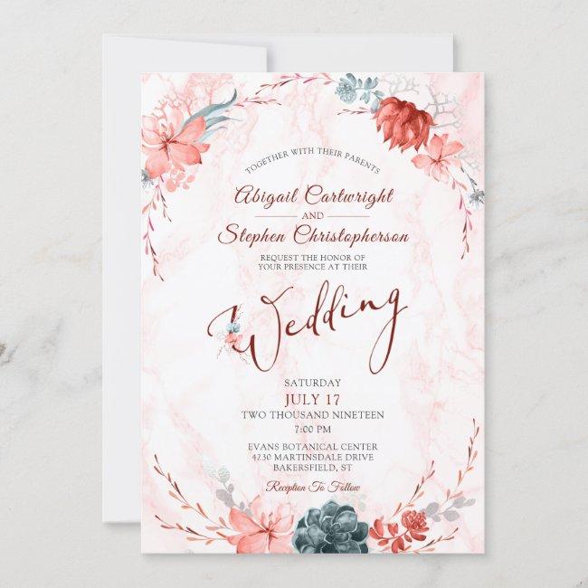 Coral Floral Succulent Marble Wedding