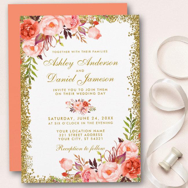 Coral Watercolor Floral Wedding Gold Glitter