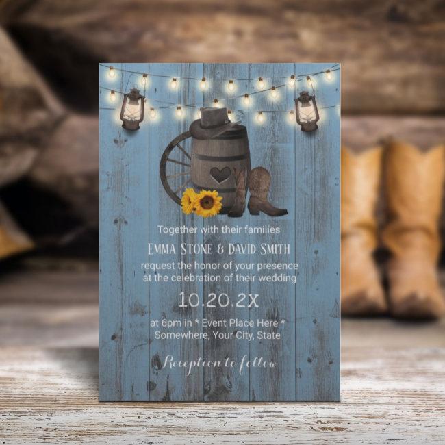 Cowboy Wedding Sunflower Lantern Dusty Blue Wood