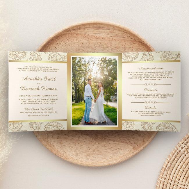 Cream And Gold Paisley Indian Style Wedding Photo Tri-fold
