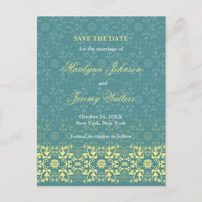 Damask Swirls Lace Peacock Save The Date Post