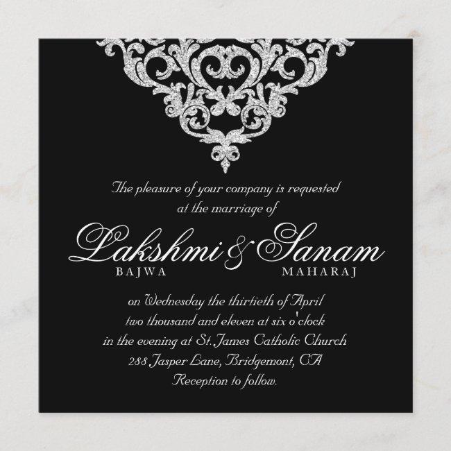 Damask Wedding Invite Diamond Sparkle Silver Lace