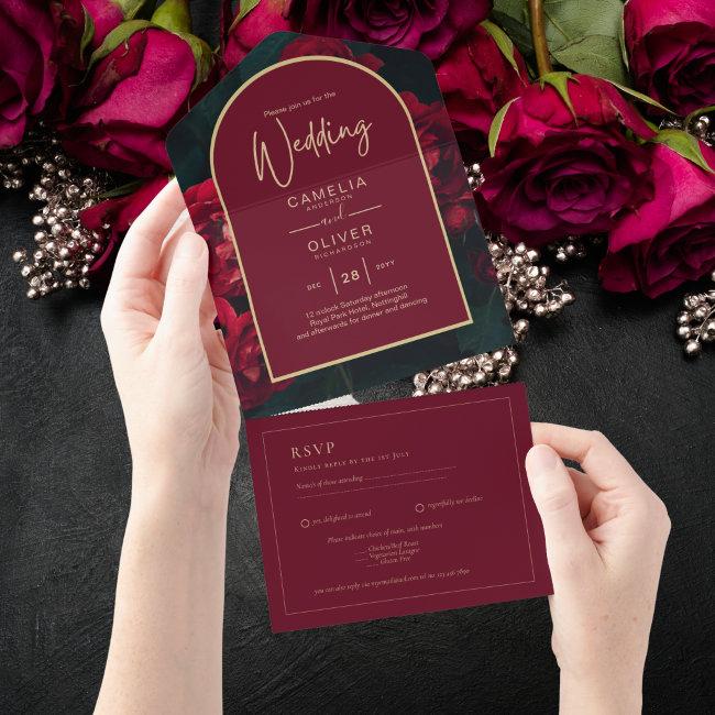 Deep Red Roses Forest Green Winter Wedding All In One