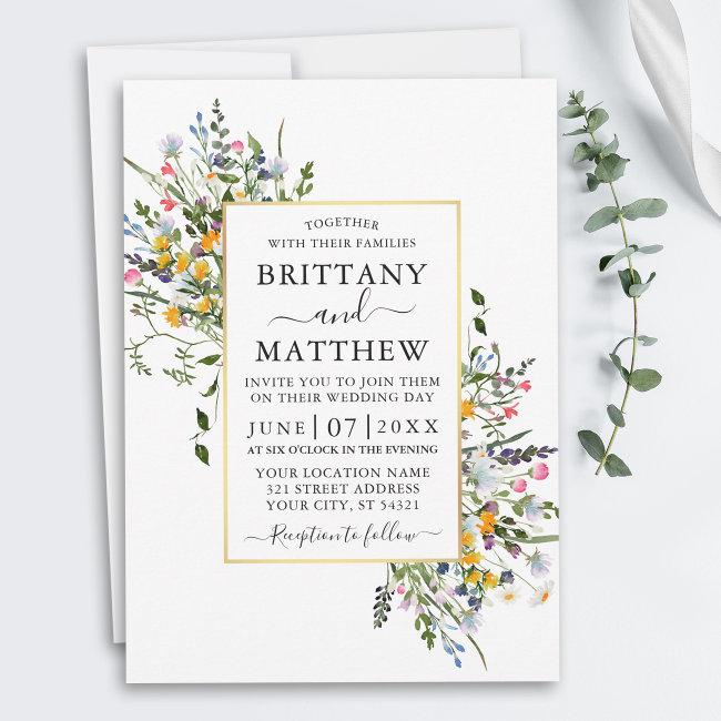 Delicate Watercolor Wildflowers Gold Frame Wedding