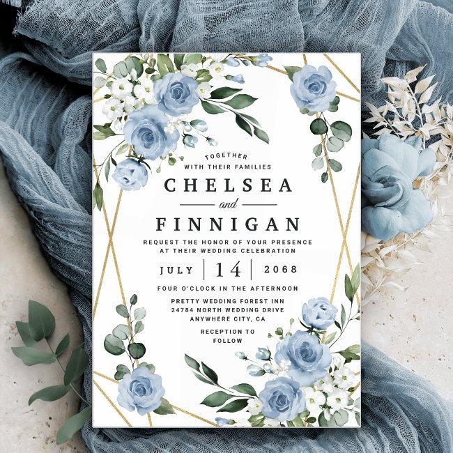Dusty Blue And Gold Elegant Floral Rustic Wedding