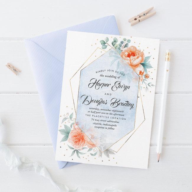 Dusty Blue And Living Coral Floral Modern Wedding