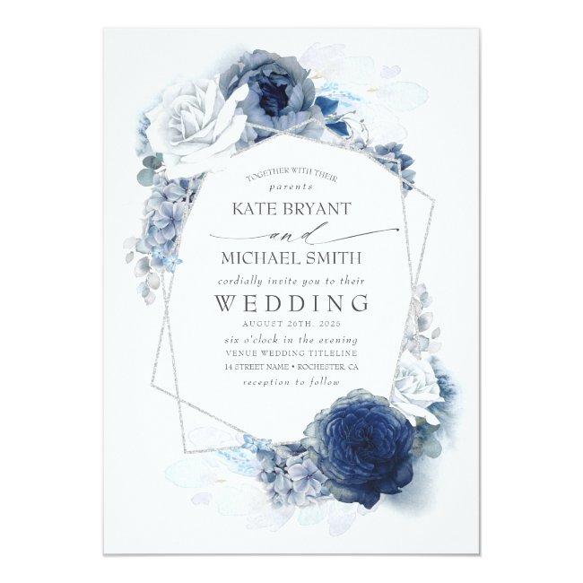 Dusty Blue And Navy Floral Elegant Silver Wedding