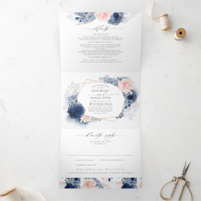 Dusty Blue And Pink Floral Botanical Wedding Tri-fold