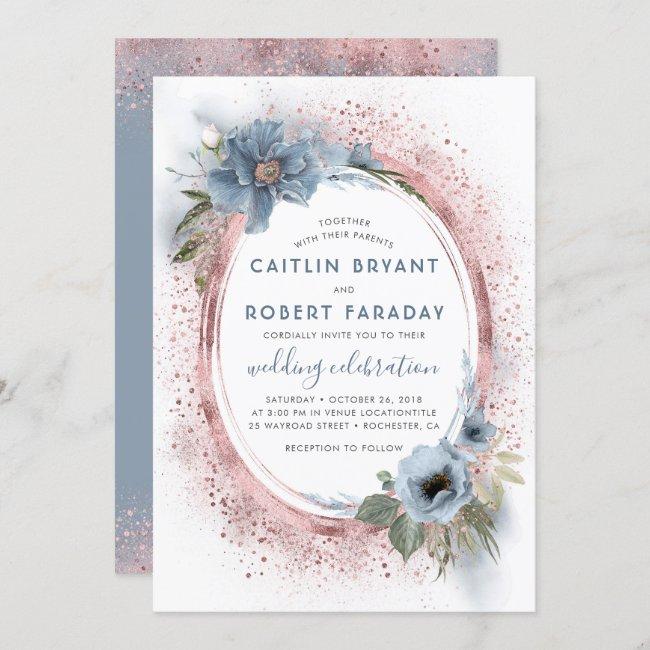 Dusty Blue And Rose Gold Glitter Floral Wedding