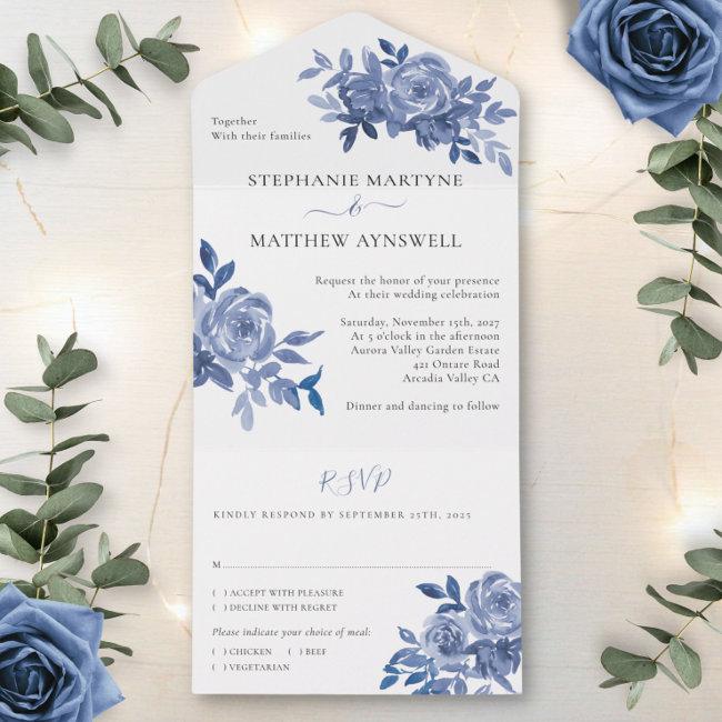 Dusty Blue Floral Roses Foliage Wedding All In One