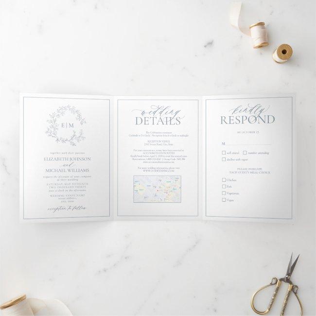 Dusty Blue Leafy Crest Monogram Wedding Tri-fold