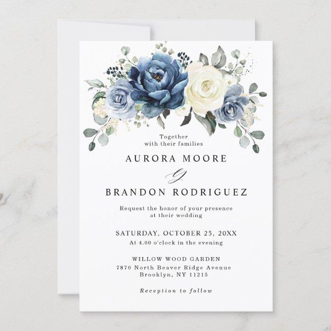 Dusty Blue Navy Champagne Ivory Floral Wedding Inv