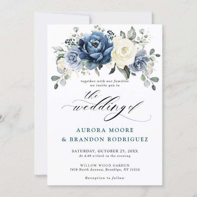 Dusty Blue Navy Champagne Ivory Floral Wedding Inv