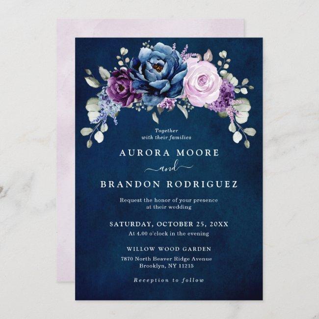 Dusty Blue Purple Navy Lilac Blooms Wedding Invita
