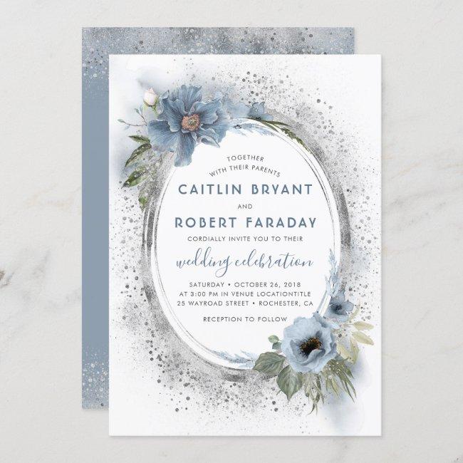 Dusty Blue & Silver Glitter Floral Rustic Wedding