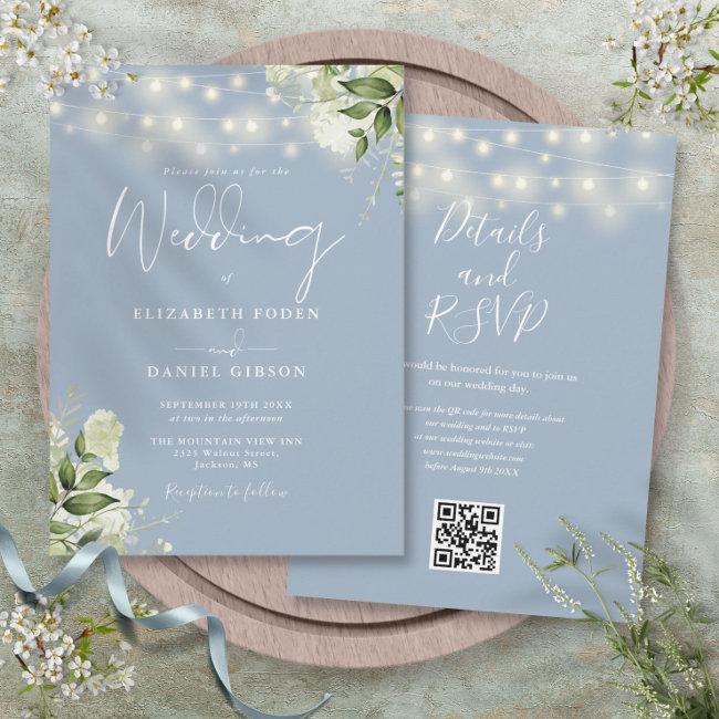 Dusty Blue String Lights Floral Qr Code Wedding