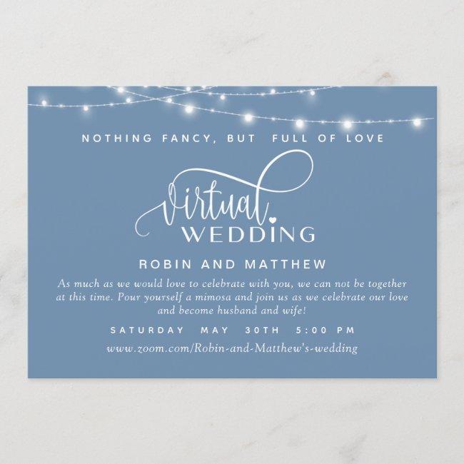 Dusty Blue, String Lights, Online Virtual Wedding
