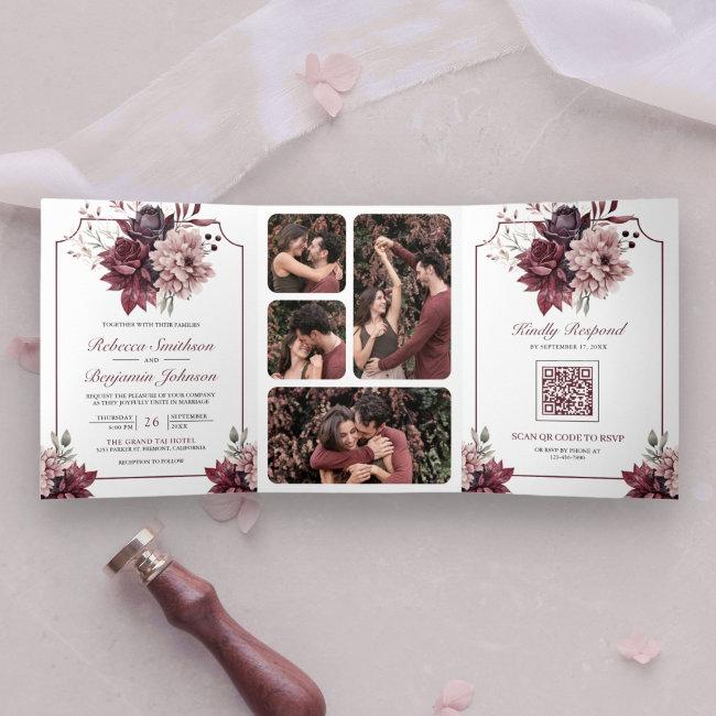 Dusty Pink Burgundy Floral Frame Qr Code Wedding Tri-fold