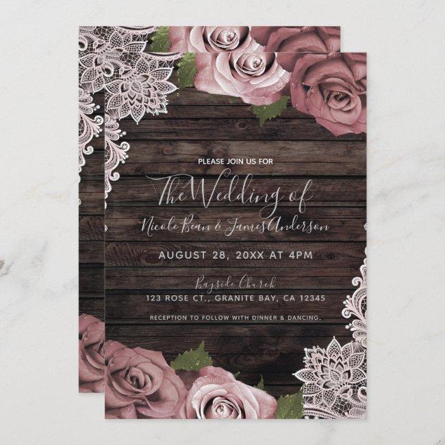 Dusty Pink Floral Roses Rustic Wood & Lace Wedding