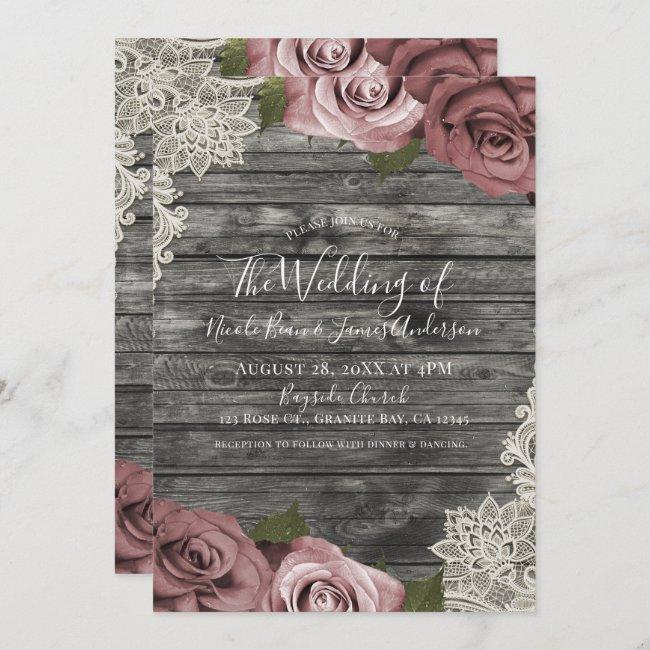 Dusty Pink Roses Grey Rustic Wood Lace Wedding