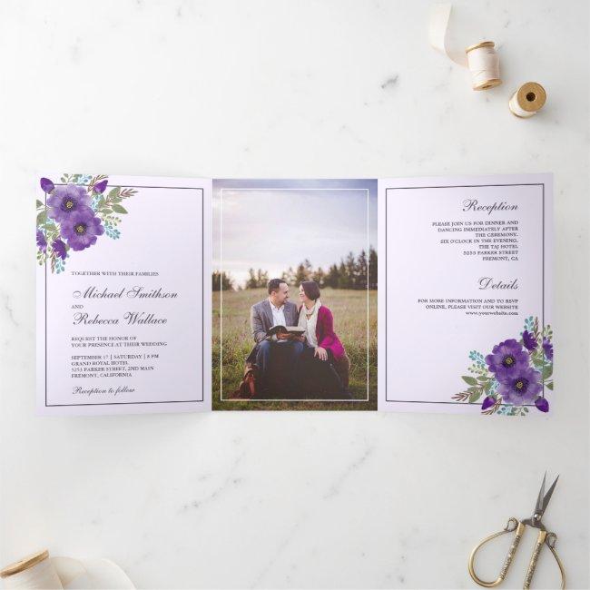 Dusty Purple Watercolor Floral Photo Wedding Tri-fold