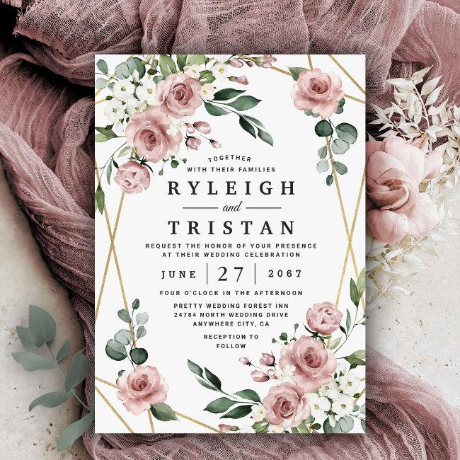 Dusty Rose Pink And Gold Floral Greenery Wedding