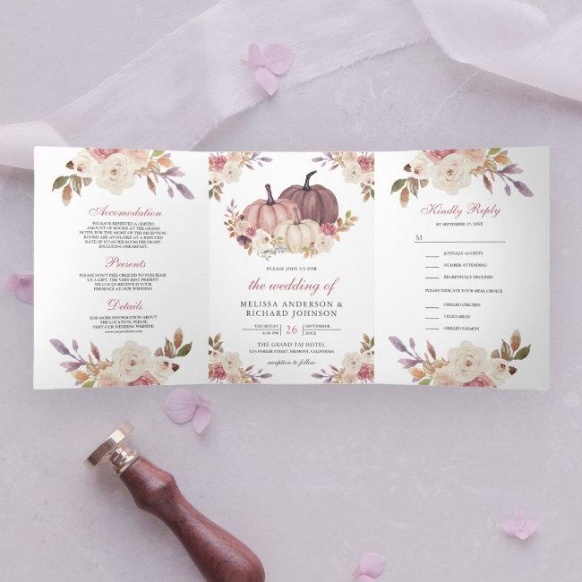 Dusty Rose Pink Pumpkin And Ivory Floral Wedding Tri-fold