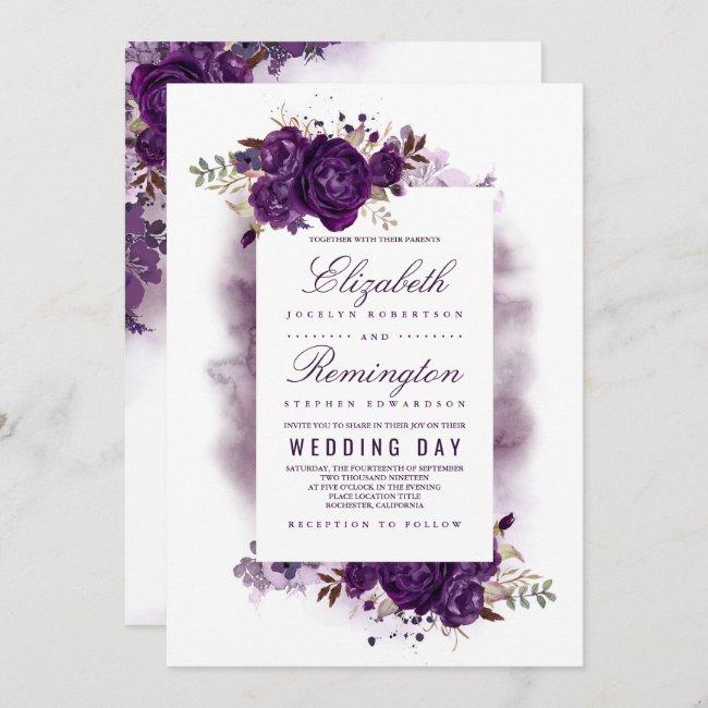 Eggplant Purple Floral Elegant Watercolor Wedding